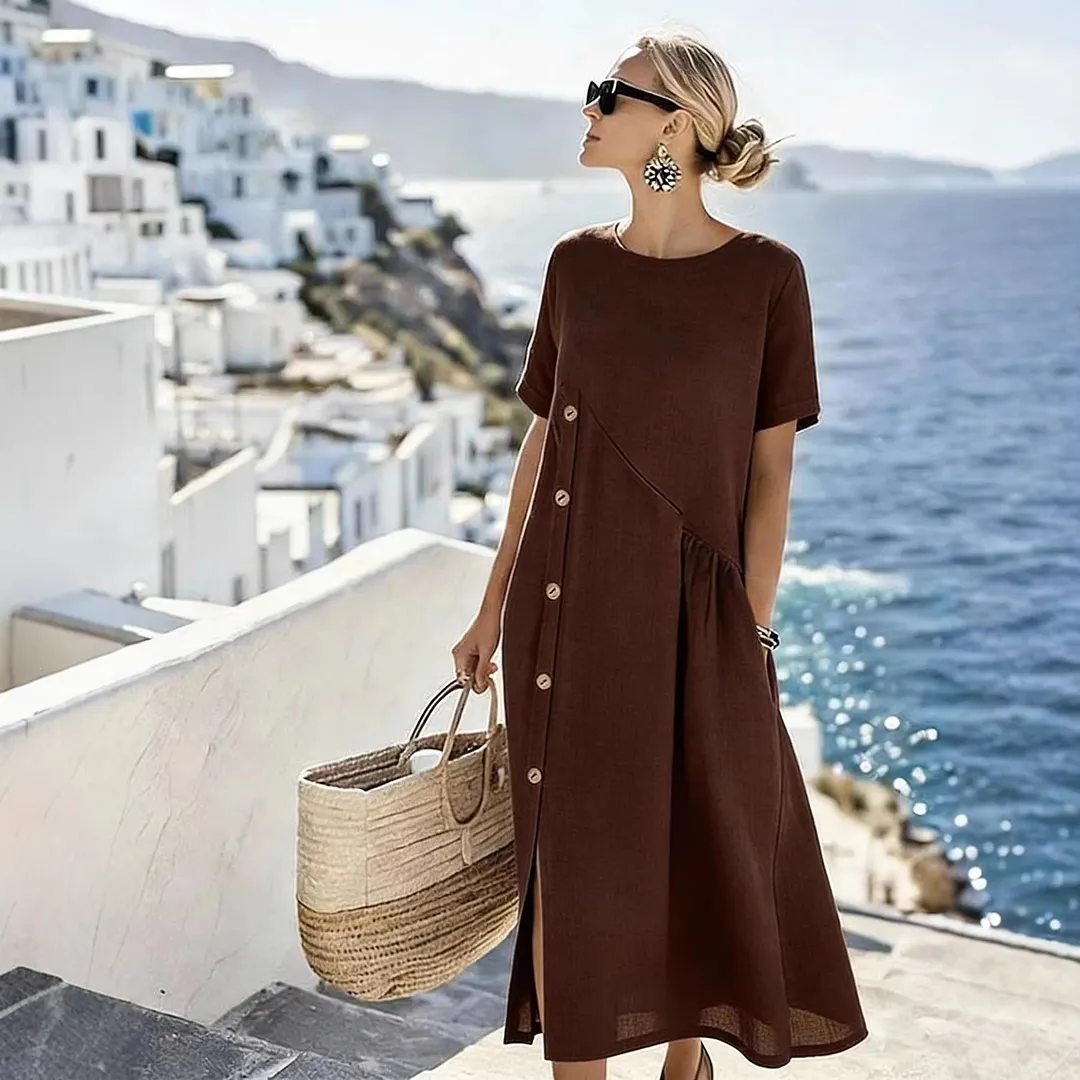 Round Neck Diagonal Button Side Slit Linen Midi Dress