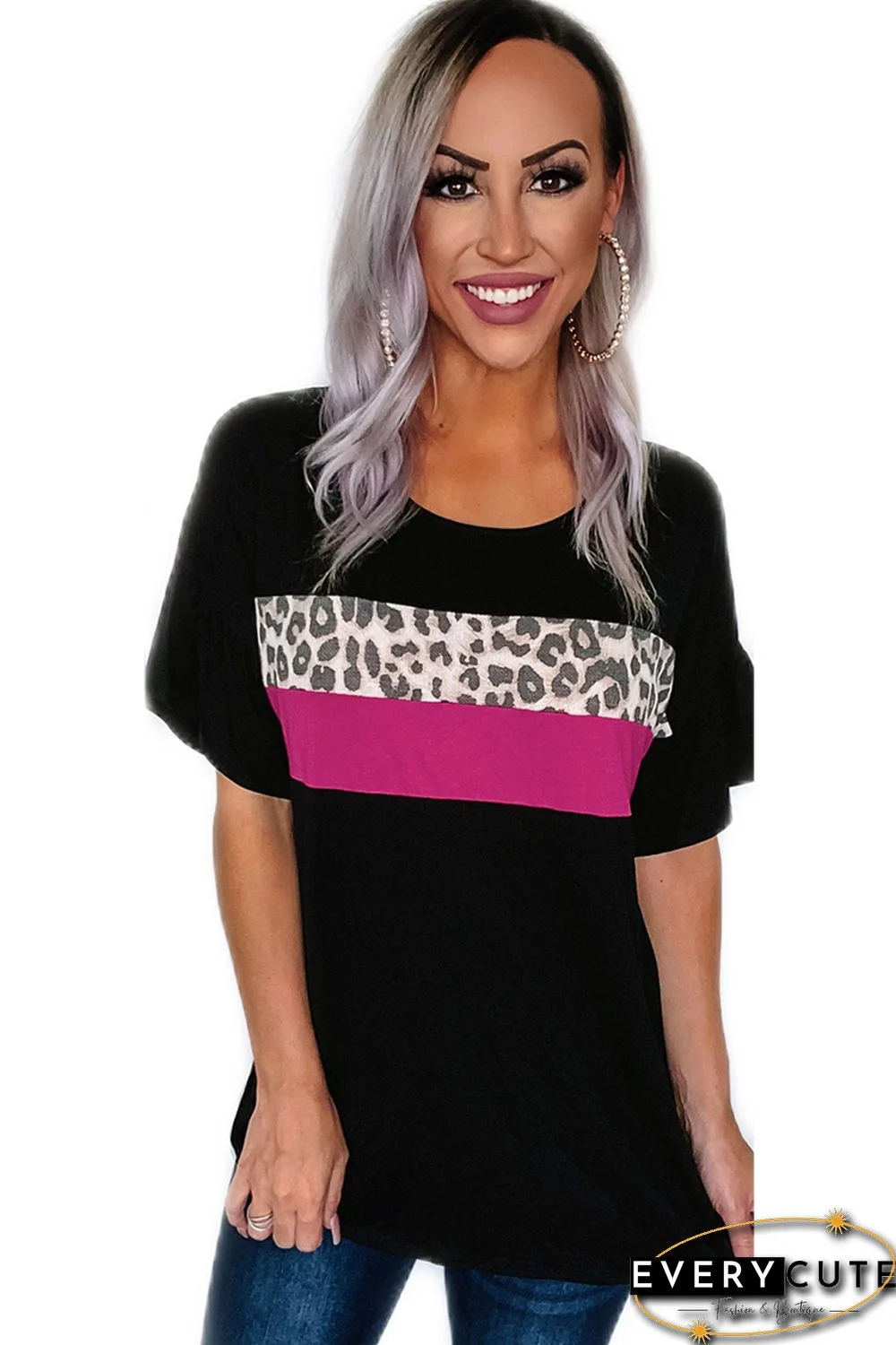 Black Leopard Color Block Short Sleeve Tee