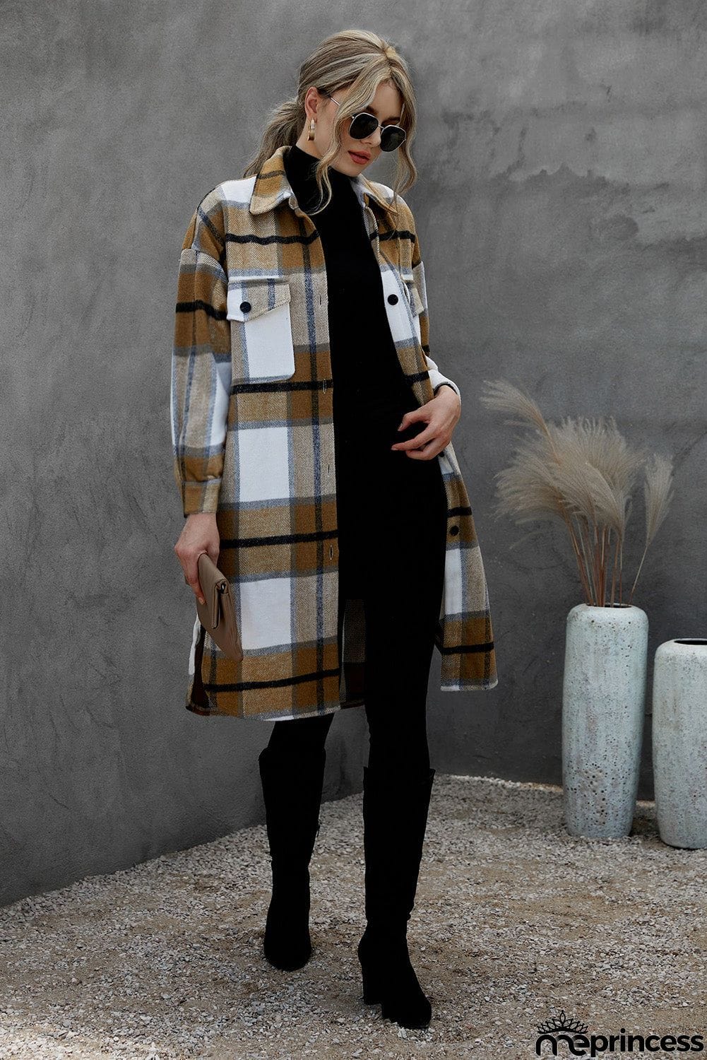 Khaki Turn-down Collar Pocket Button Plaid Coat