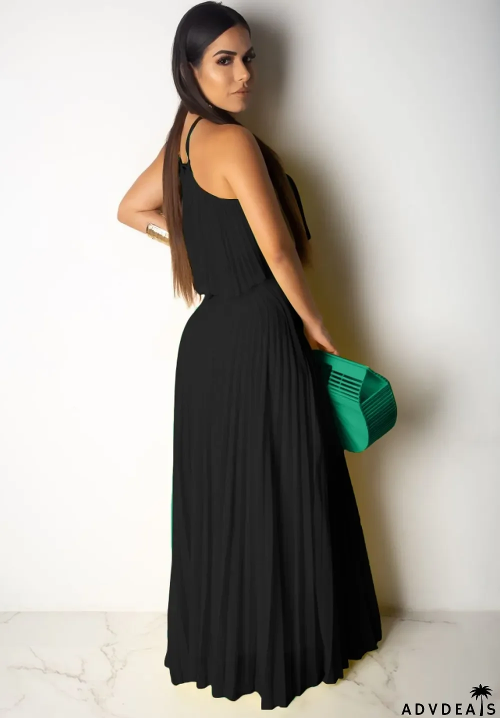 Summer Black Pleated Halter Crop Top and Long Skirt Matching Set