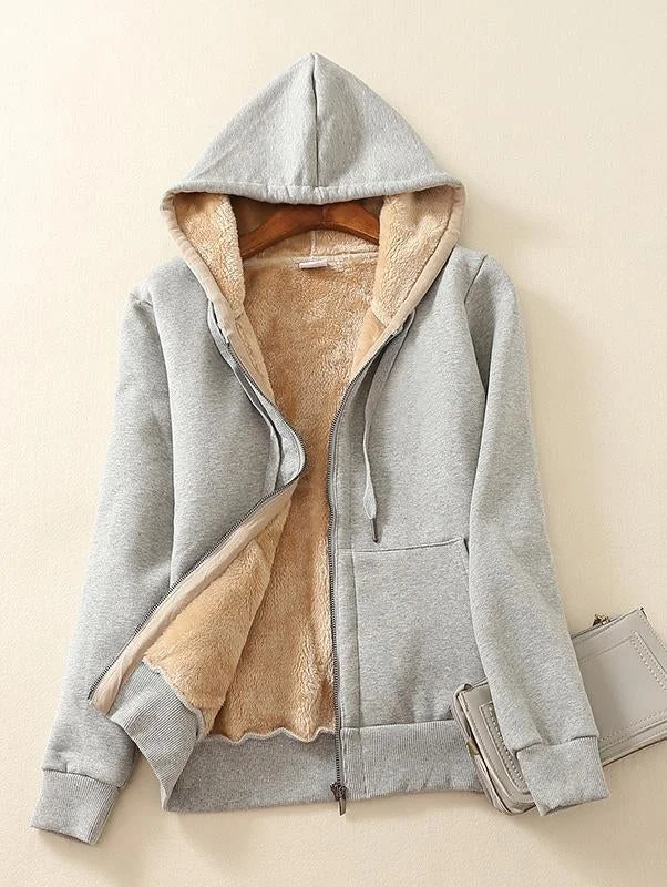 Women Coat Lamb Hooded Color Zipper Hoodie Sweater