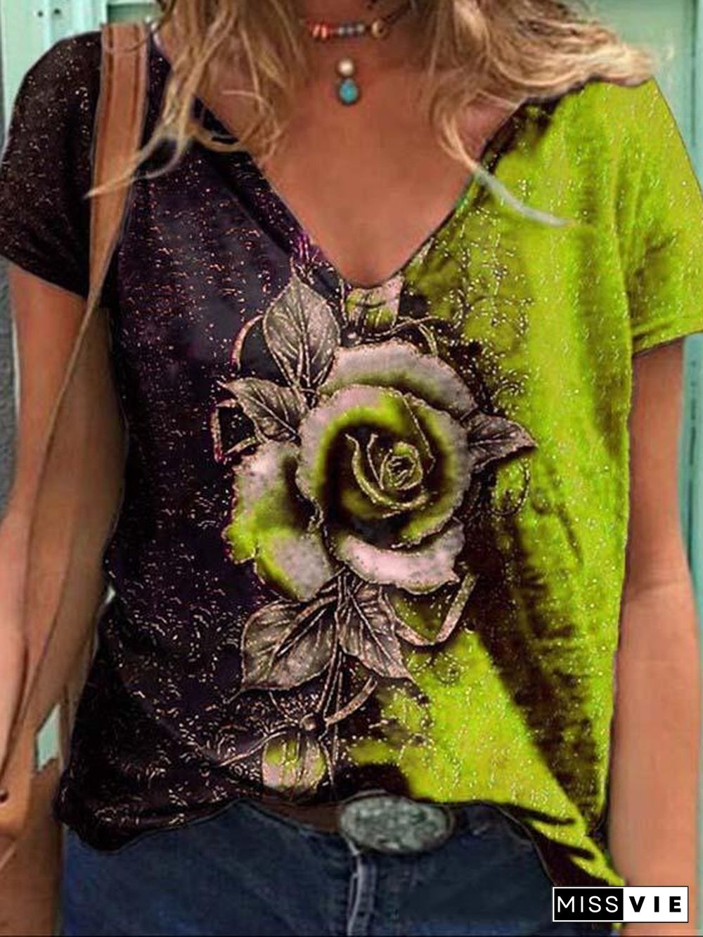 Women's V-neck Short Sleeve Floral Printed Tops