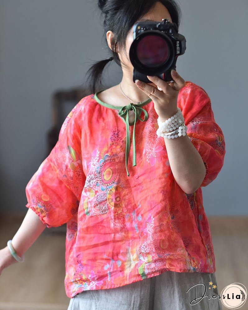 Linen Floral Print Spring Summer Shirt Short Sleeve