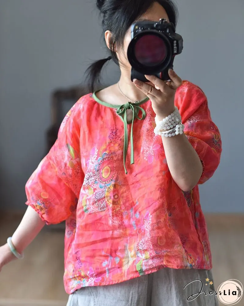 Linen Floral Print Spring Summer Shirt Short Sleeve