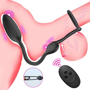 Wireless Remote Control Vibrating Double Penis Ring With Prostate Massager