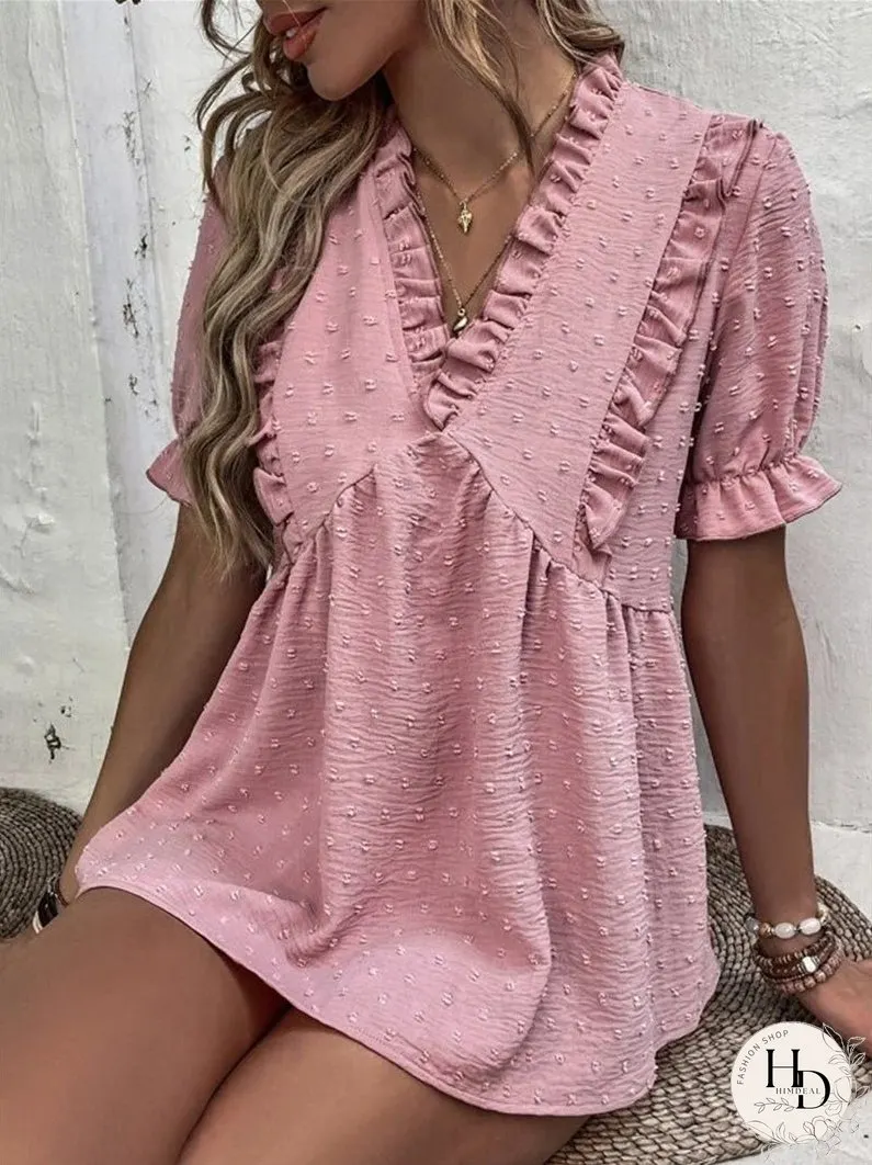 Blouses Jacquard V-Neck Ruffle Short Sleeve Blouse for Women