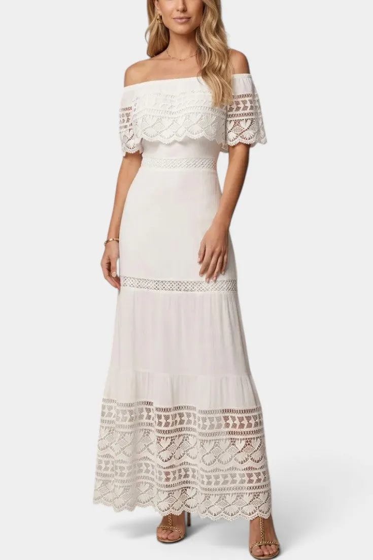 Off-the-Shoulder Lace Tiered Maxi Dress