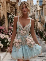 Women's Vintage Pink Rose Art Suspender Mini Dress