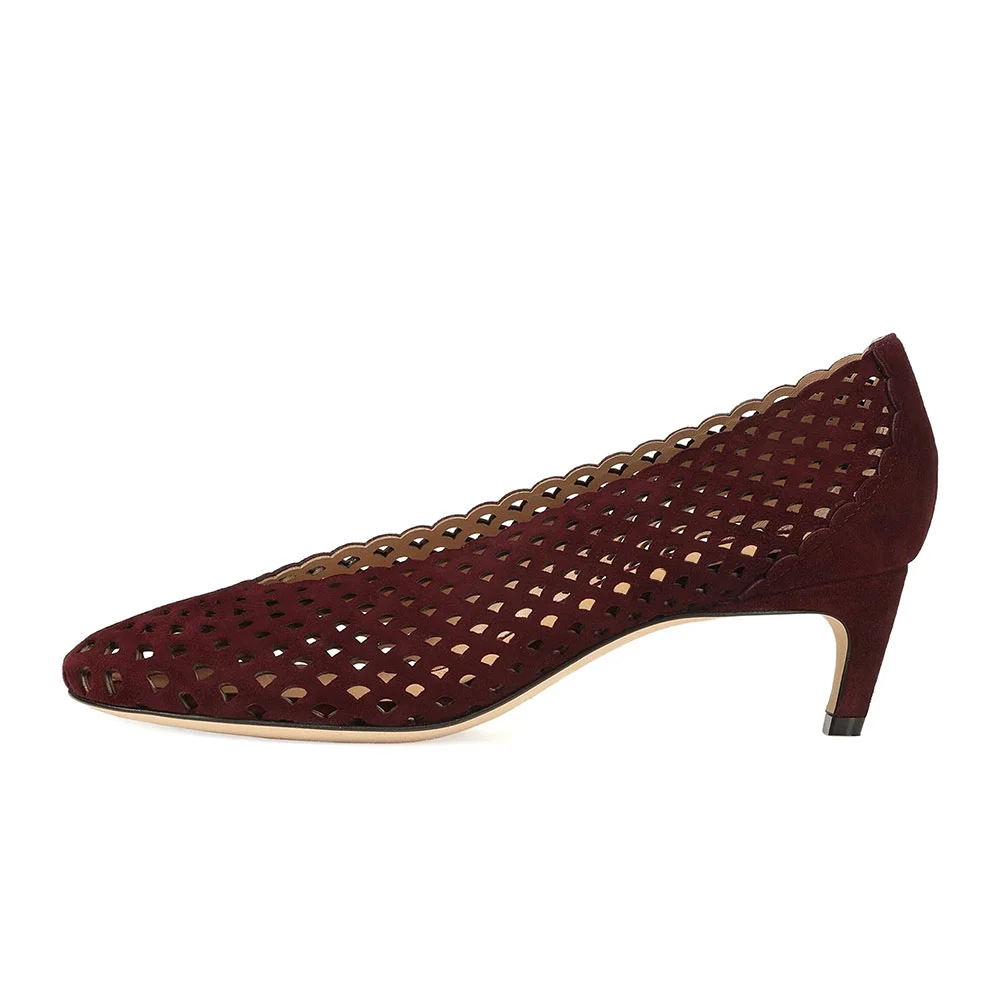 Women's Maroon Round Toe Slip On Hollow-Out Kitten Heel Pumps