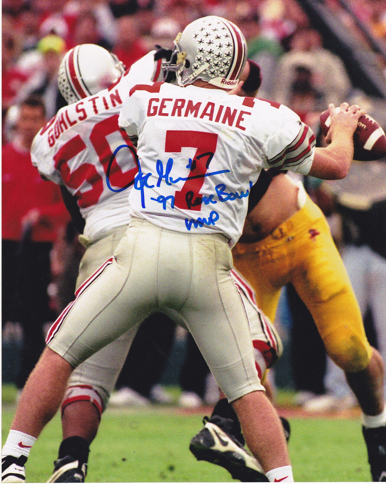 JOE GERMAINE OHIO STATE BUCKEYES 97 ROSE BOWL MVP ACTION SIGNED 8x10