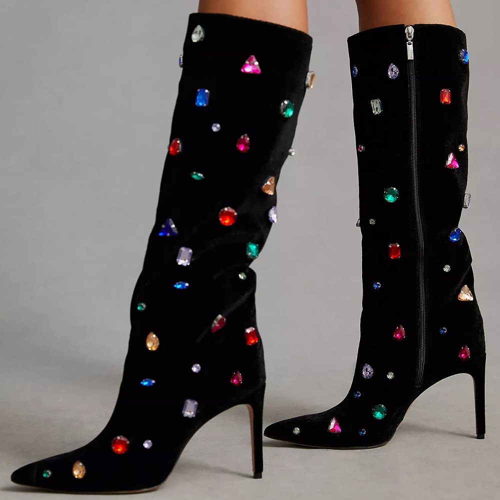 Leather Black Knee Boots Stiletto Knee Boots With Colorful Rhinestone Decors Nicepairs