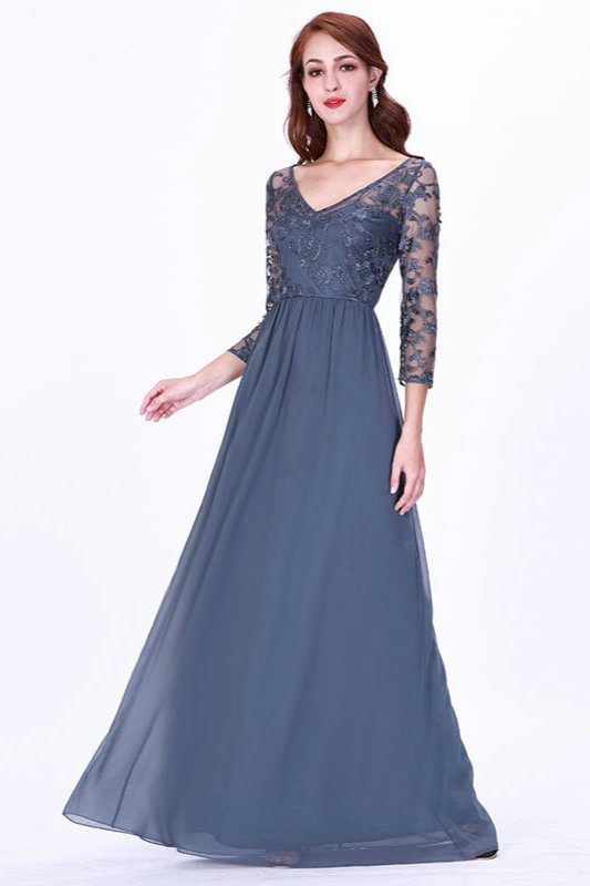 Long Sleeve Dusty Blue Lace Appliques Chiffon Evening Prom Dress On Sale
