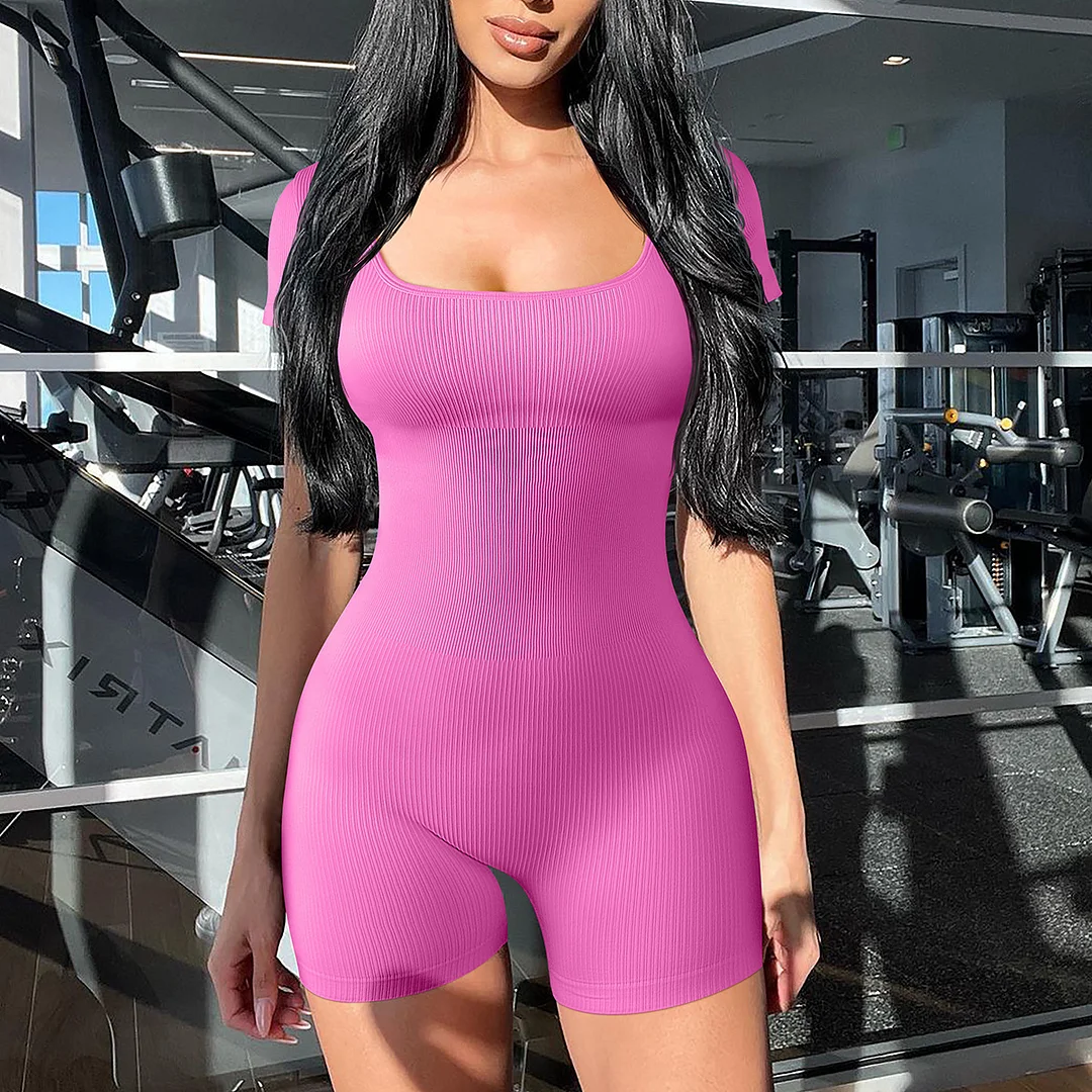 Uveng Uveng Collar Solid Color Short Sleeve Jumpsuit High Waist Sports Fitness Sexy Jumpsuit Women's Clothing