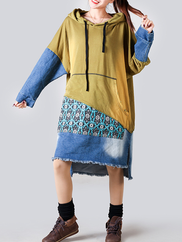Leisure Retro Print Patchwork Hooded Hoodie