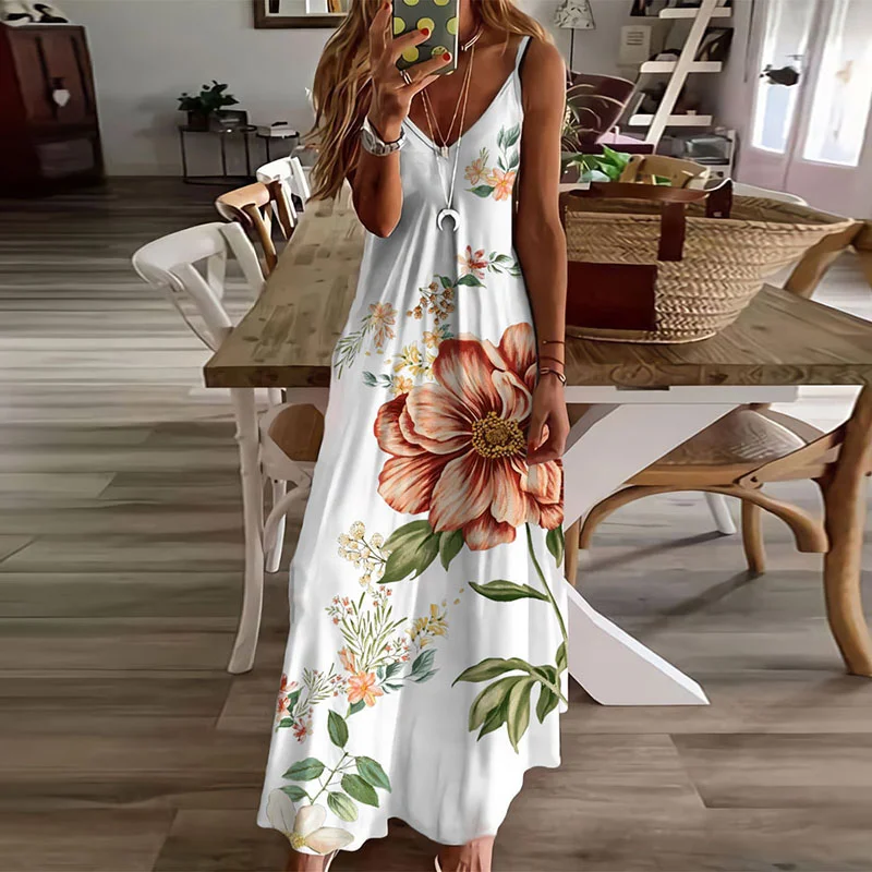 Floral Print V-Neck Spaghetti Strap Maxi Dress