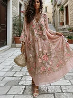 Women's Pink Floral Embroidered Art V-neck Long Sleeve Midi Dress