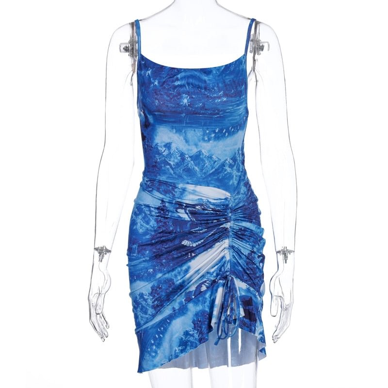 Dulzura wintage bandage drawstring bodycon women mini dress strap sexy angel print ruffled ruched 2020 summer party clothes club