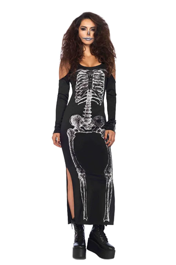 Womens Halloween Skeleton Dress Costume Black-elleschic