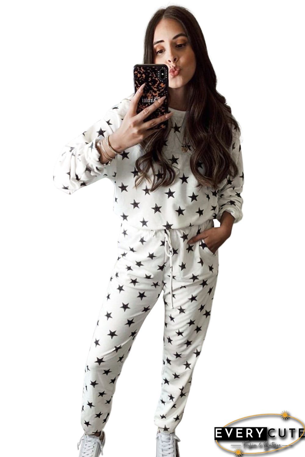 White Crew Neck Star Print Drawstring Loungewear Set with Pocket