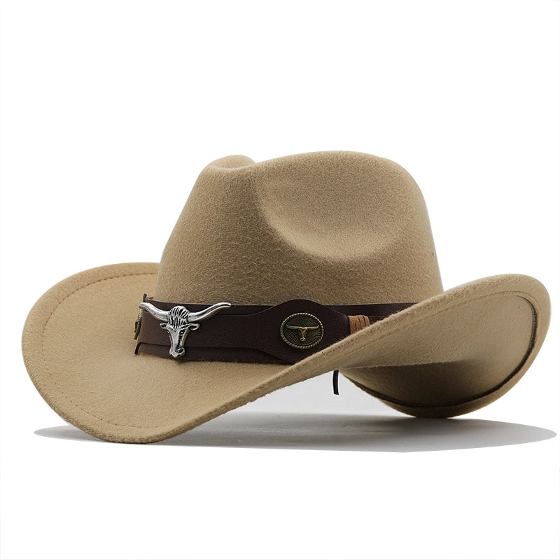 Simple Brim Hat Woolen Jazz Hat British Style Top Hat Cow Head Belt Solid Color Western Cowboy Hat