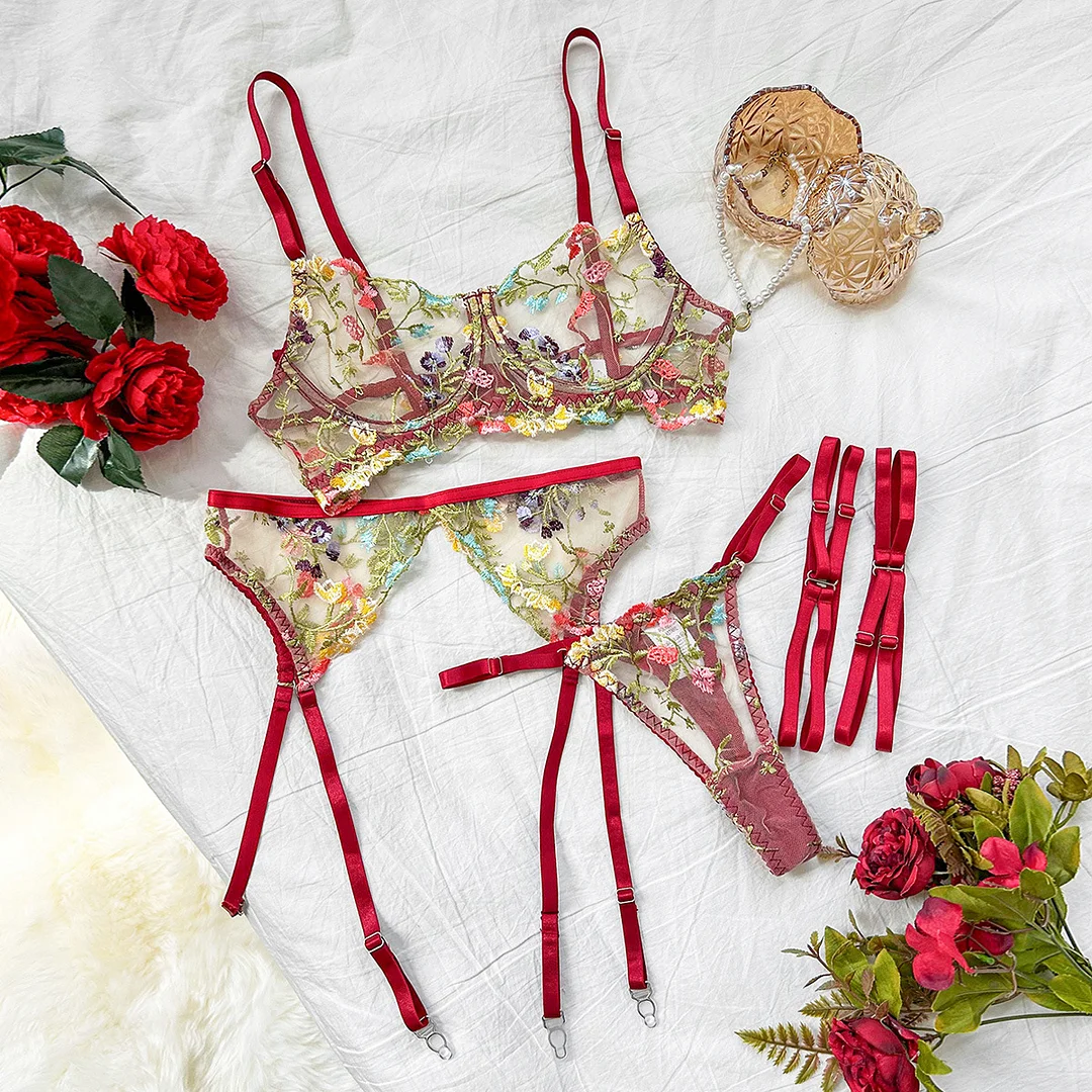 Churchf Sex Lingerie Sexy Embroidery Beauty Small Broken Flower Color Bra Garter Set