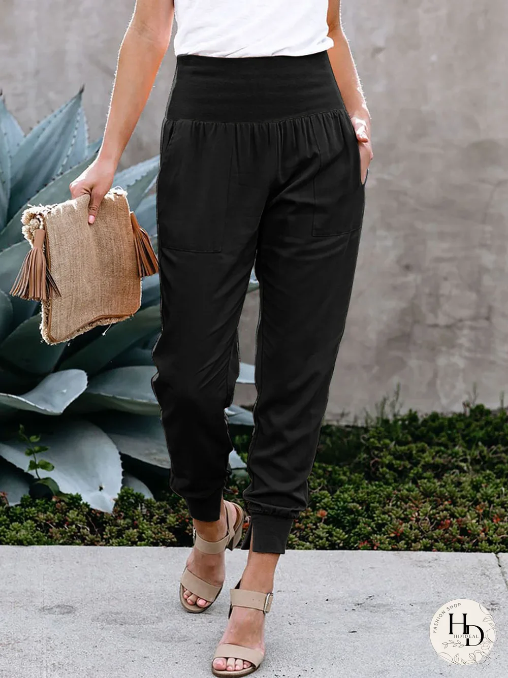 Joggers informales negros con cintura elástica cónica y bolsillos