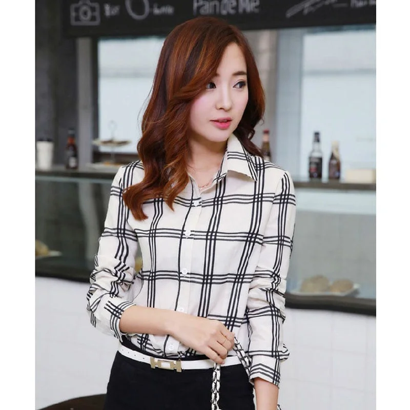 Lapel Sweet Plaid Single-Breasted Long Sleeve Korean Slim Office Professional Women's Shirt Harajuku Summer Wild Chic Female Top