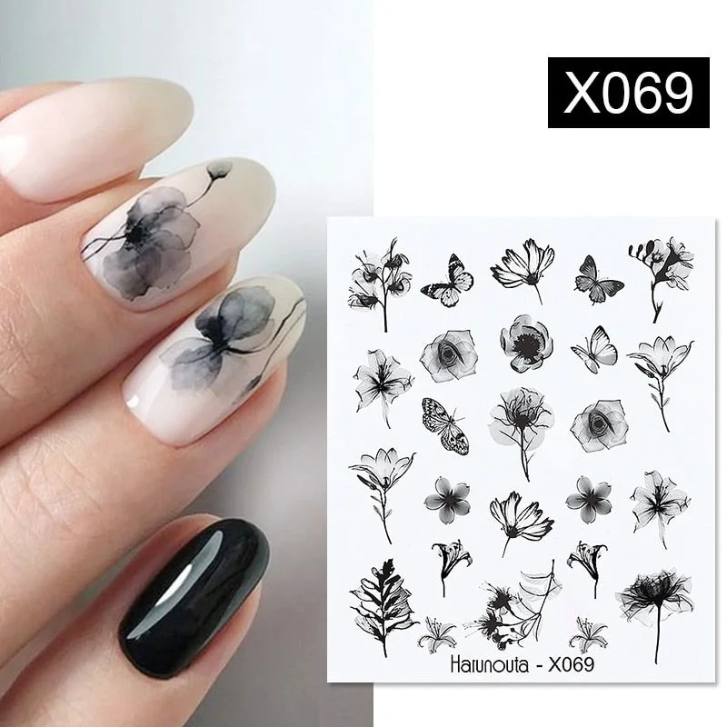 Harunouta Winter Simple Ink Blooming Theme Water Decal Sticker Black Flower Leaf DIY Slider For Manicuring Nail Art Watermark