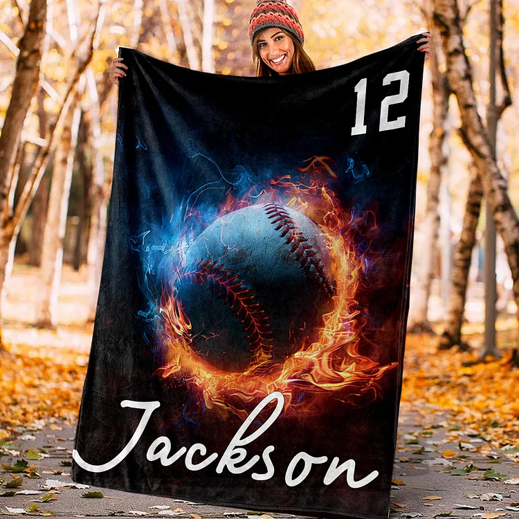 Personalized Baseball Blanket, Sport Theme Blanket with Number and Name Birthday Team Gift for Athletes Sport Lovers | BKKid731
