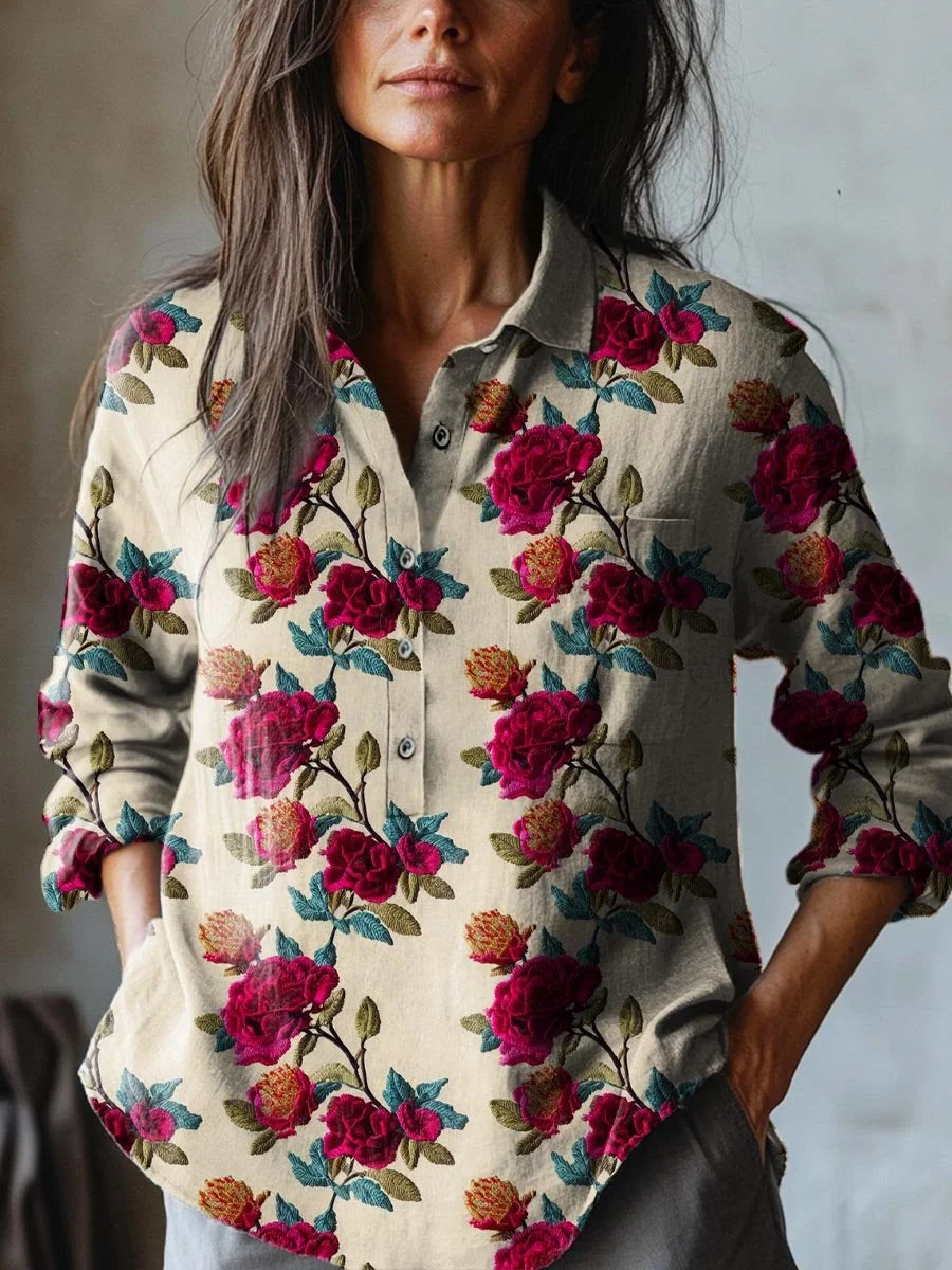 Women's Vintage Lovely Floral Art Print Casual Cotton And Linen Shirt