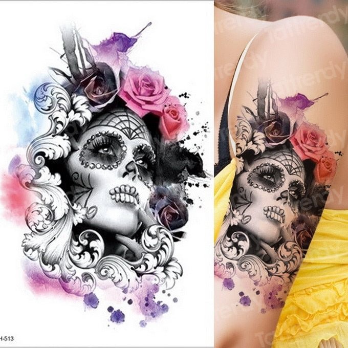 temporary tattoo & body art tattoo sticker arm sleeve tattoo waterproof fake tatoo men women death skull halloween face tattoo