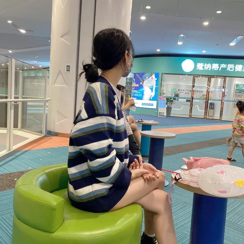 Autumn Chic Stylish Ladies Pullovers Soft Knitted Ins Harajuku Jumper V-Neck Knitted Sweaters Women Loose Striped Tops