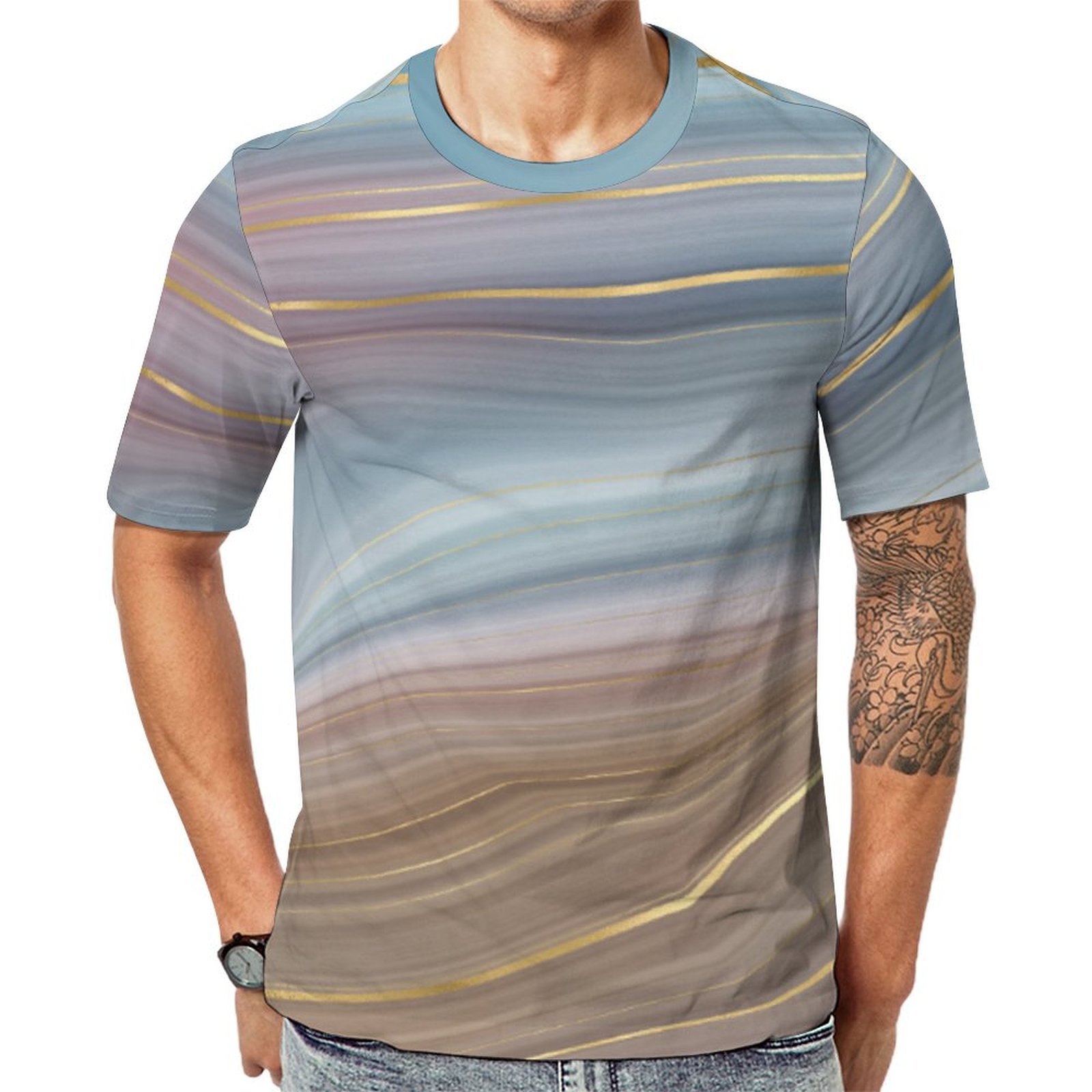 Luxe Strata Dusty Slate Blue Taupe Pink Agate Short Sleeve Print Unisex Tshirt Summer Casual Tees for Men and Women Coolcoshirts