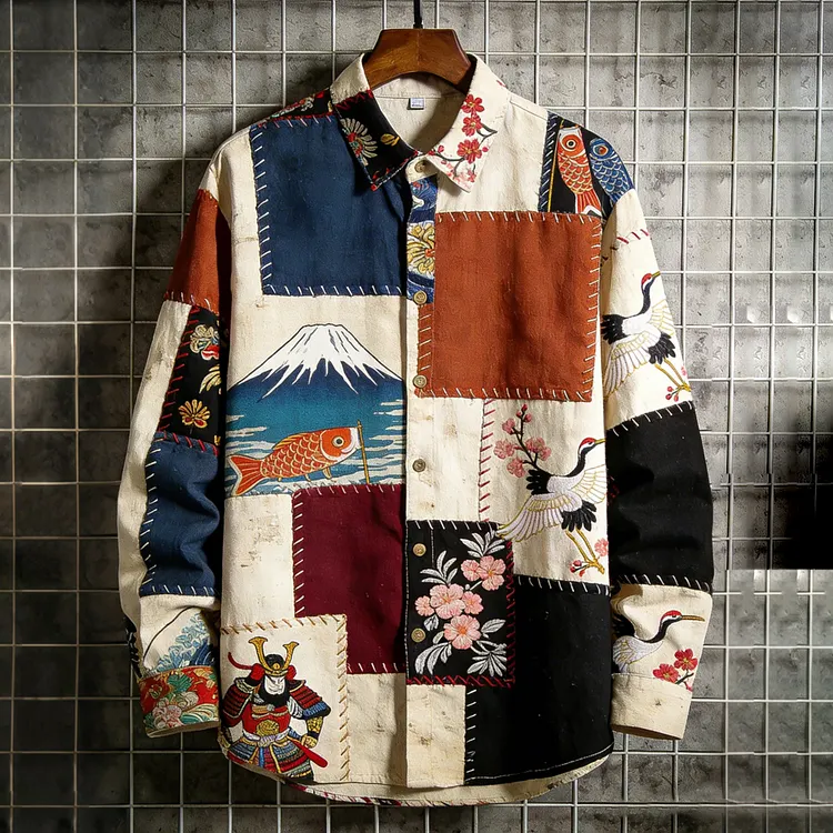 Men's Japanese Art Red-crowned Crane Fuji Mountain Patchwork Print Long Sleeve Shirt