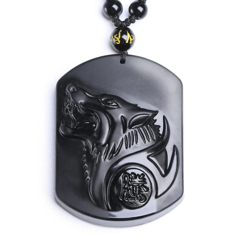 Black Obsidian Stone Wolf Purification Pendant Necklace