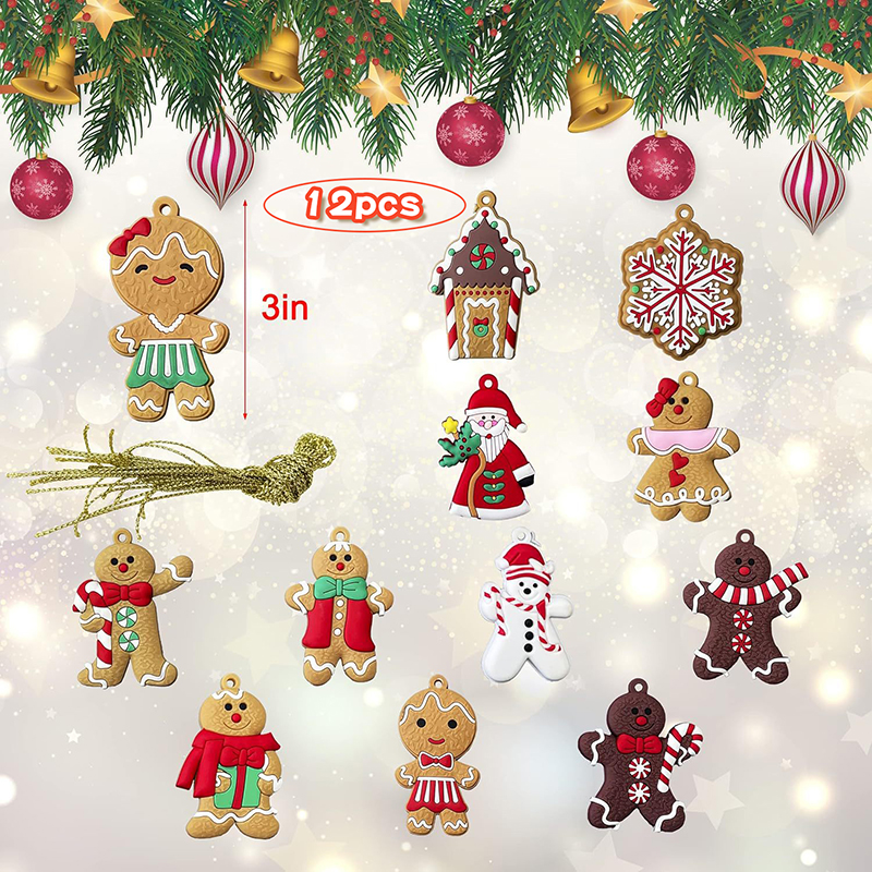Tegooe 12PCS Gingerbread Man Christmas Character Hangings - PVC Ornament Set