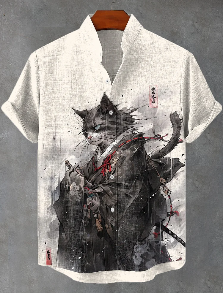 Men's Japan Cat Kimono Samurai Ink Art Print Shirt