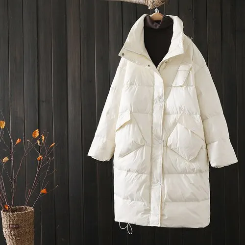 Ailegogo Winter Women Thick Warm White Down Long Jacket Casual Female Loose Fit Stand Collar Zipper Pocket Coat Snow Outwear