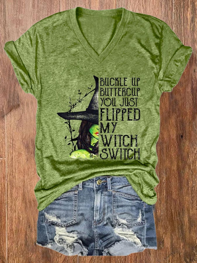 Women's Halloween Buckle Up Buttercup You Just Flipped My Witch Switch Casual Tee