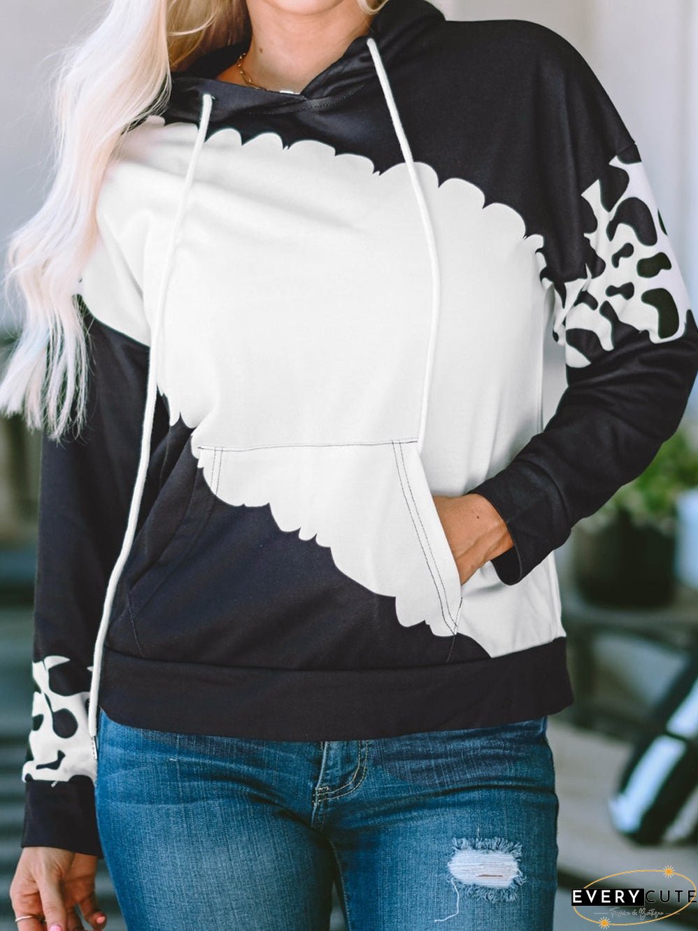 Cow Print Tie Dye Drawstring Hoodie with Pockets