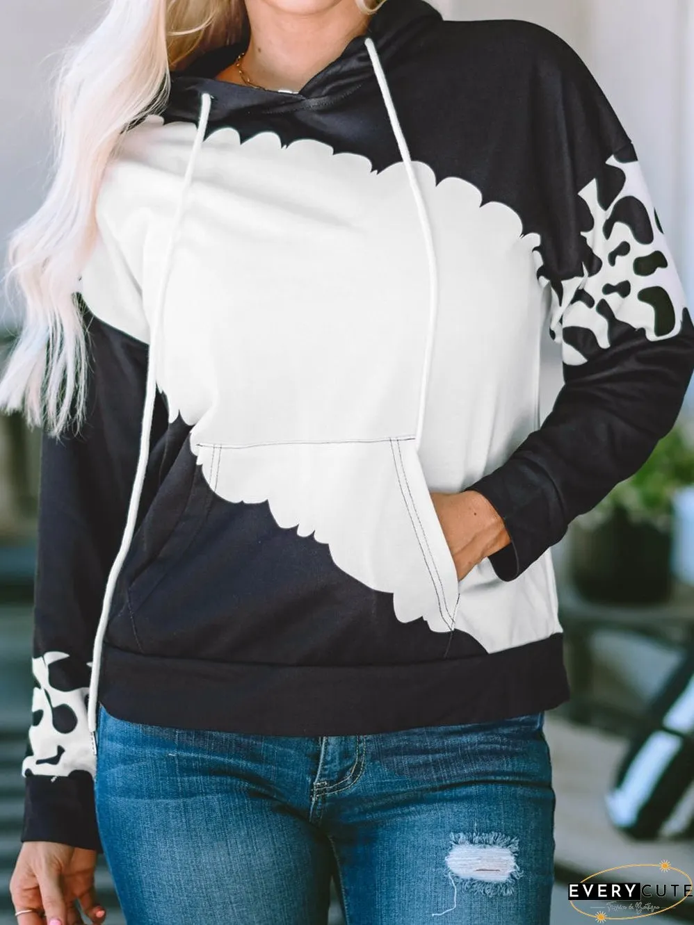 Cow Print Tie Dye Drawstring Hoodie with Pockets