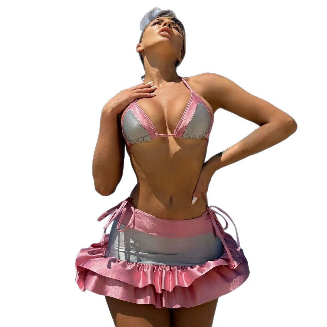 Uveng 2025 New Sexy Hot Tau Tarant Cloth Bump Color Bikini Three-Piece Short Skirt Strap Swimsuit Woman