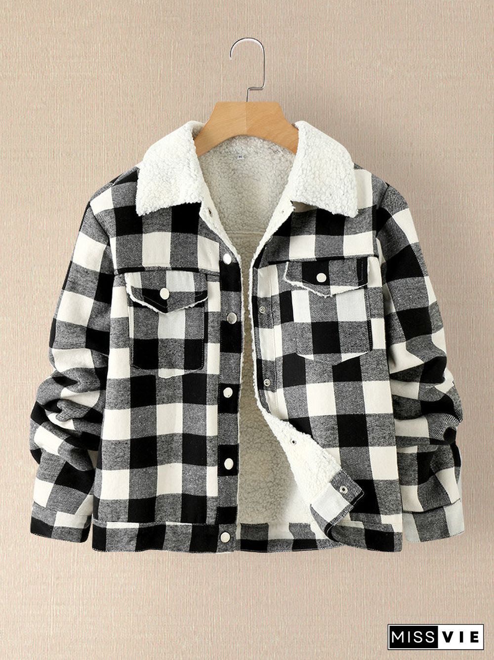 Plaid Pattern Lapel Collar Pocket Button Women Lamb Jacket