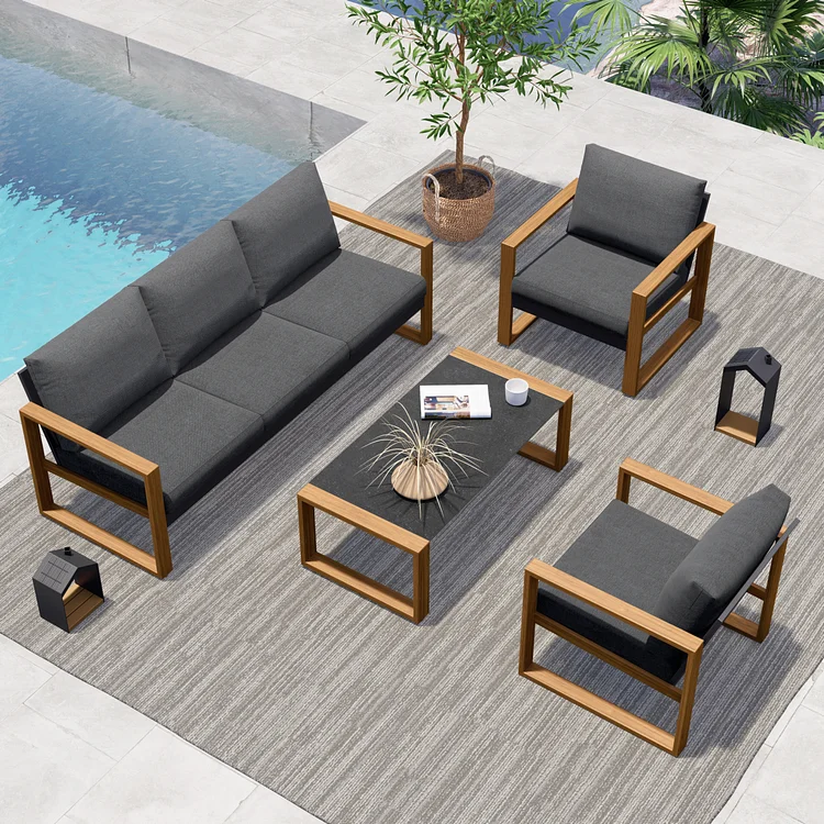 Outdoor 4 Pieces Patio Set Duisburg Aluminum Conversation Sofa Sets, with Removable Cushion and Coffee Table for deck and patio
