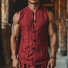 Retro Casual Linen Vest With Stand Collar Sleeveless T-shirt Chinese Style Sleeveless Cardigan by Inlyline