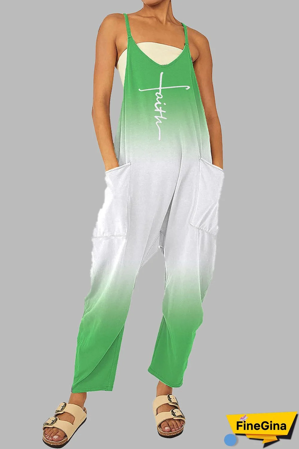 Black khaki Casual Gradual Change Print Patchwork Pocket Zipper Spaghetti Strap Loose Jumpsuits