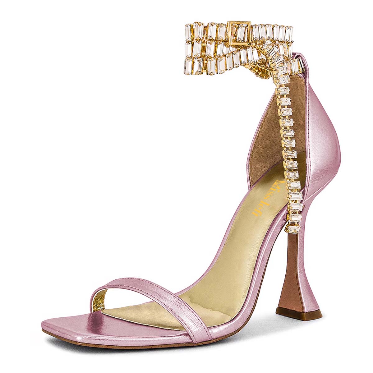 Pink Rhinestone Strap Open Square Toe Spool Heel Wedding Sandals Nicepairs