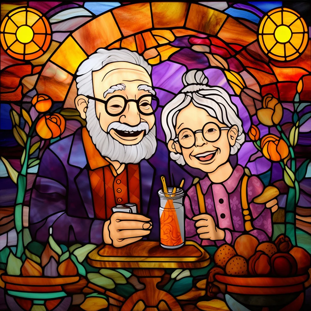 Elderly Couples Stained Glass-Full Round Diamond Painting(40*40CM)