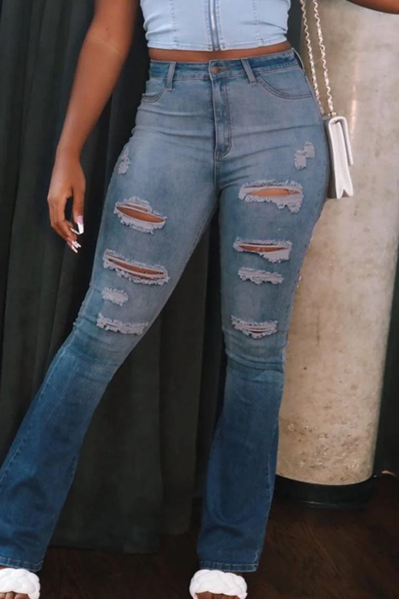 Street Gradual Change Print Ripped Patchwork High Waist Denim Jeans