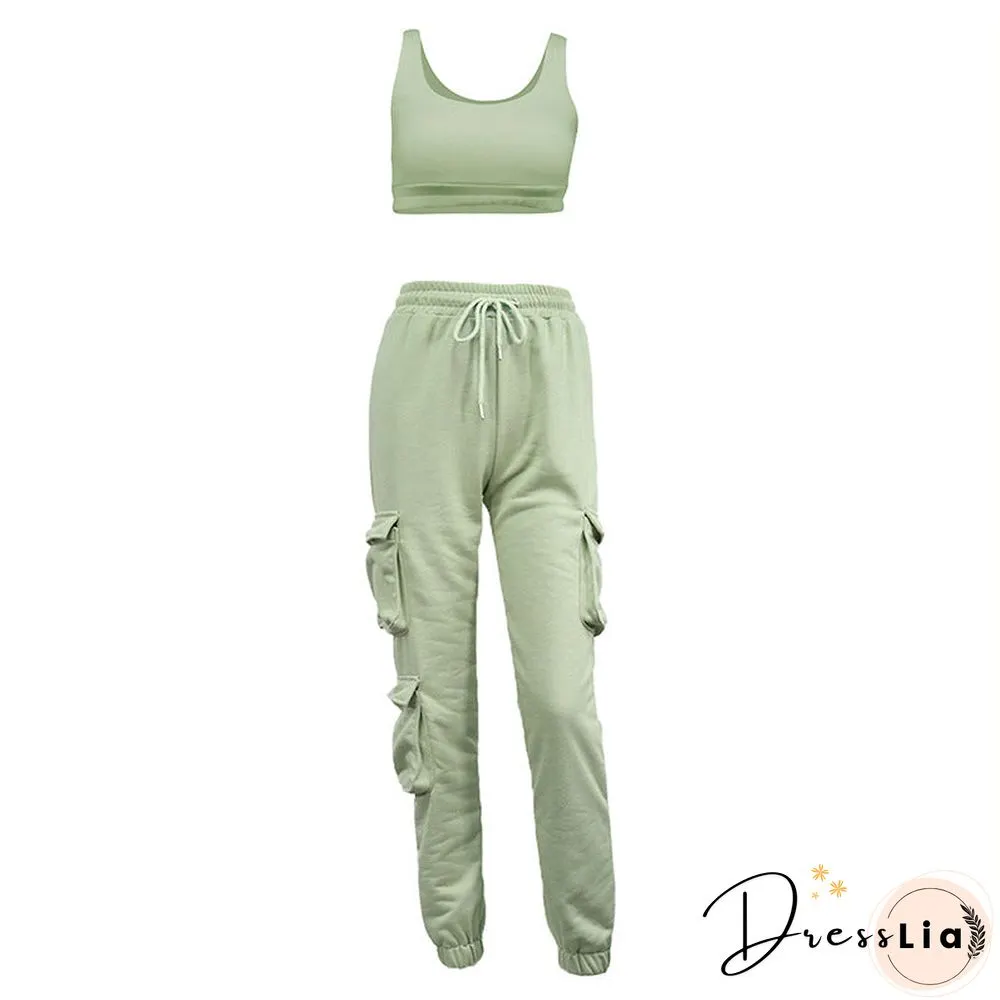 Sporty Crop Top and Pocket Detail Jogger Tracksuit Pant Set